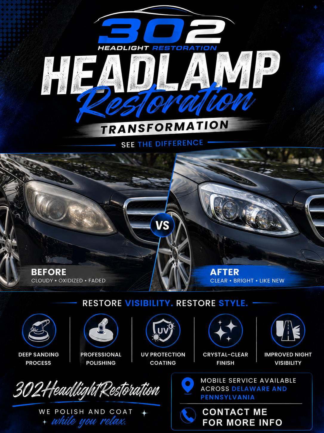 Before and after headlight restoration transformation flyer by 302HeadlightRestoration